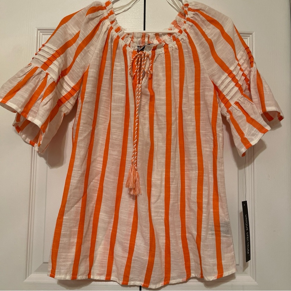 100% Cotton Boho Summer Top S Unique Spectrum Tassel Pintuck Peasant Bell Sleeve